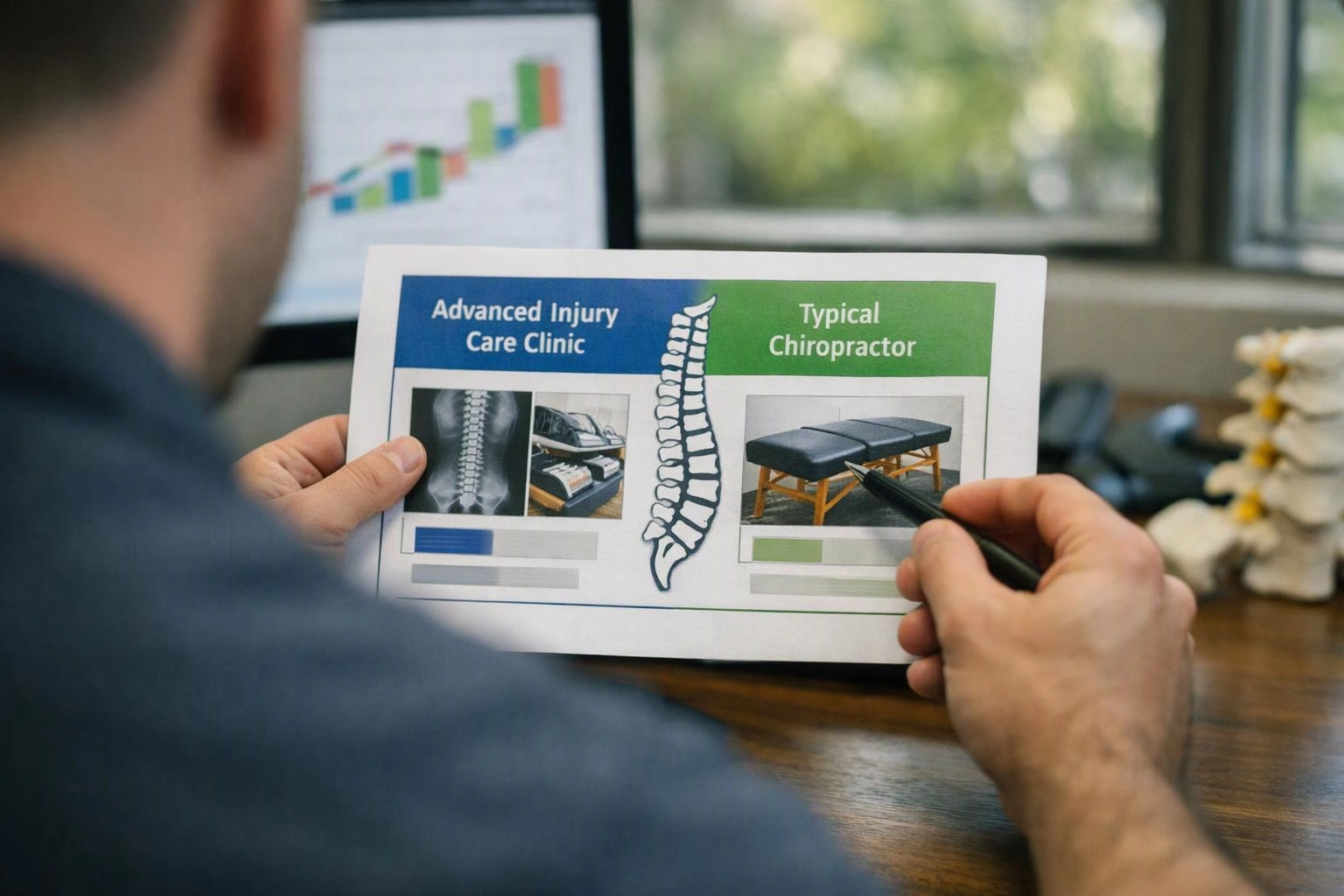 A person holds a chiropractic comparison flyer and points at a treatment table photo on a desk