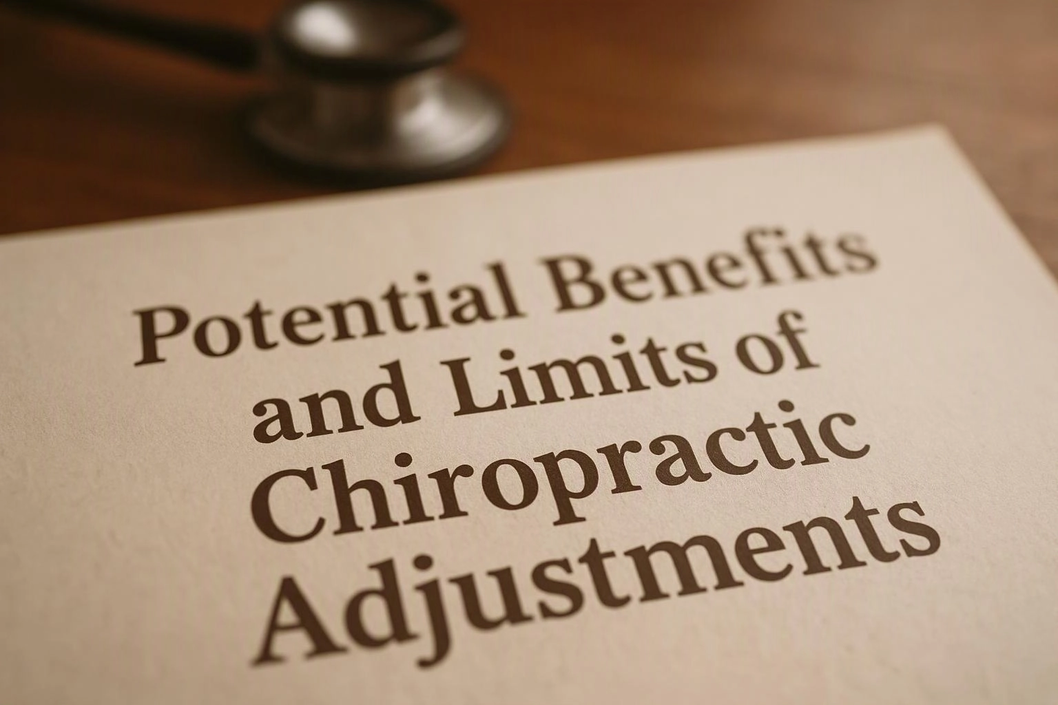 Macro product photograph of wide establishing view of a setting where "Potential Benefits and Limits of Chiropractic Adjustments" naturally arises in Chiropractor