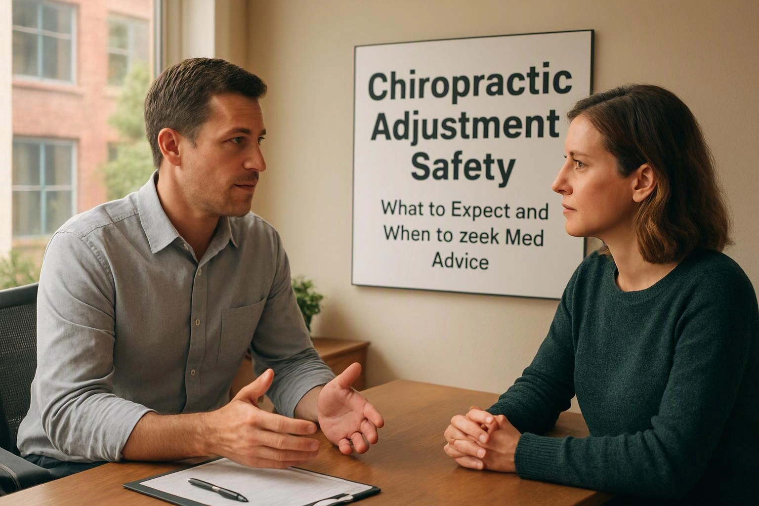 A man gestures across a desk while talking to a woman beside a wall poster about chiropractic adjustment safety