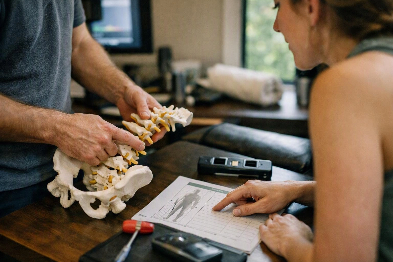 Two people examine a model spine and point at a chart on a desk in a clinic room