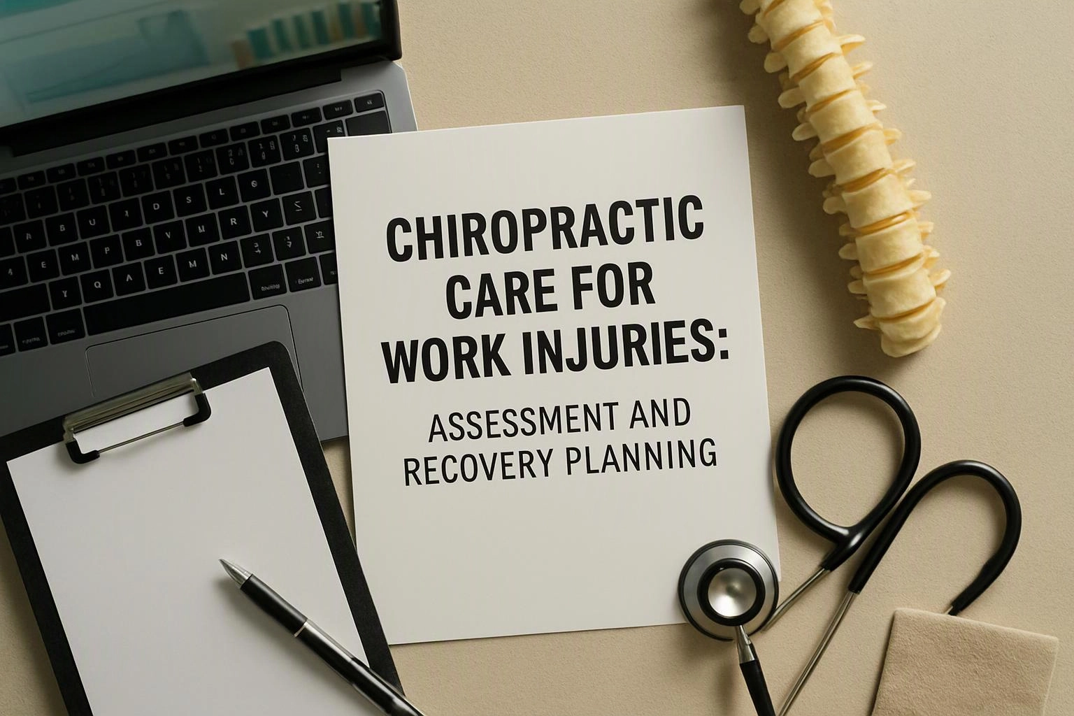 Aerial top-down flat-lay photograph of overhead flat-lay of items that represent "Chiropractic Care for Work Injuries