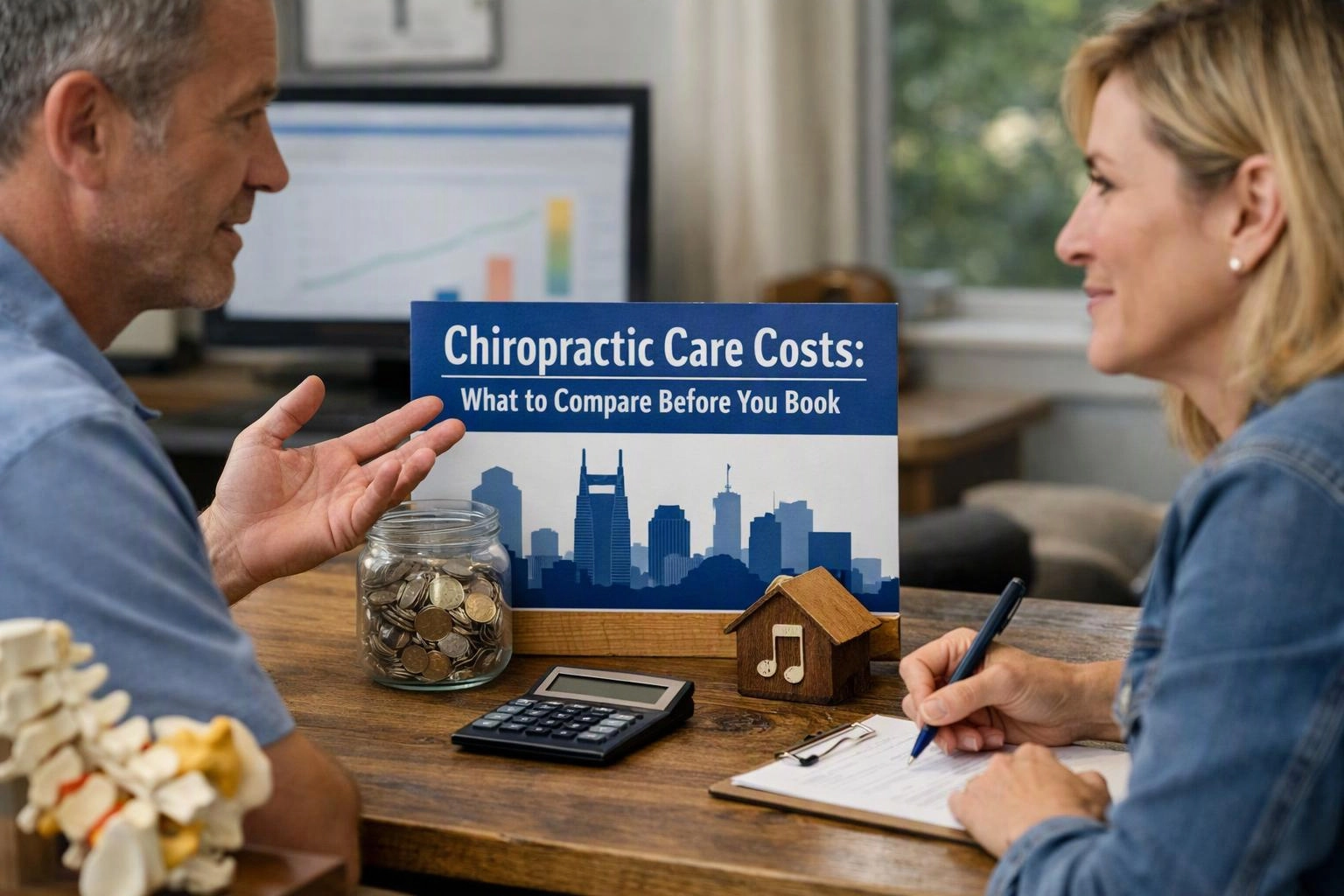 A man talks with a woman at a desk beside a sign reading “Chiropractic Care Costs”