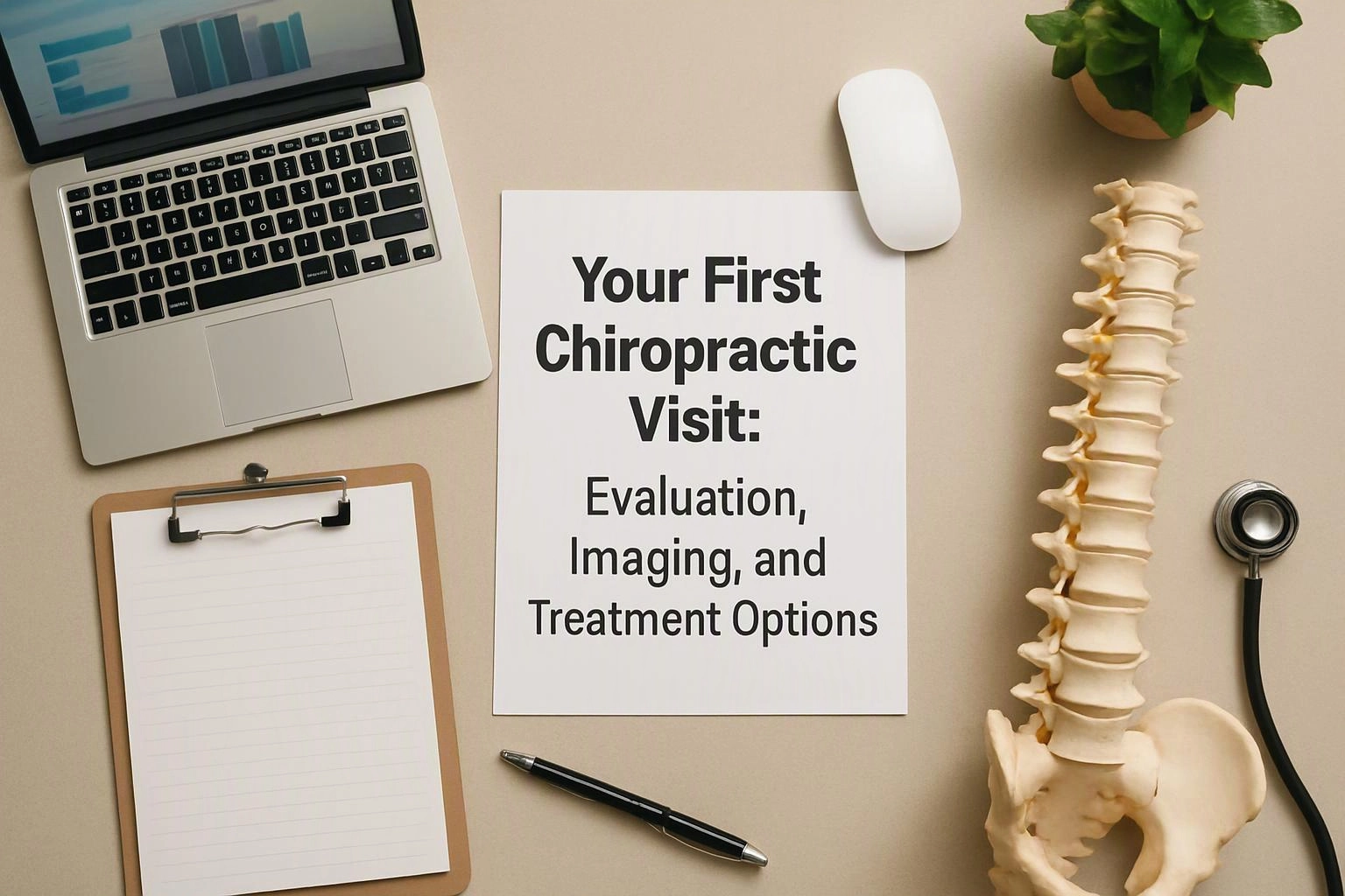 Aerial top-down flat-lay photograph of environmental still life in a real workspace where "Your First Chiropractic Visit