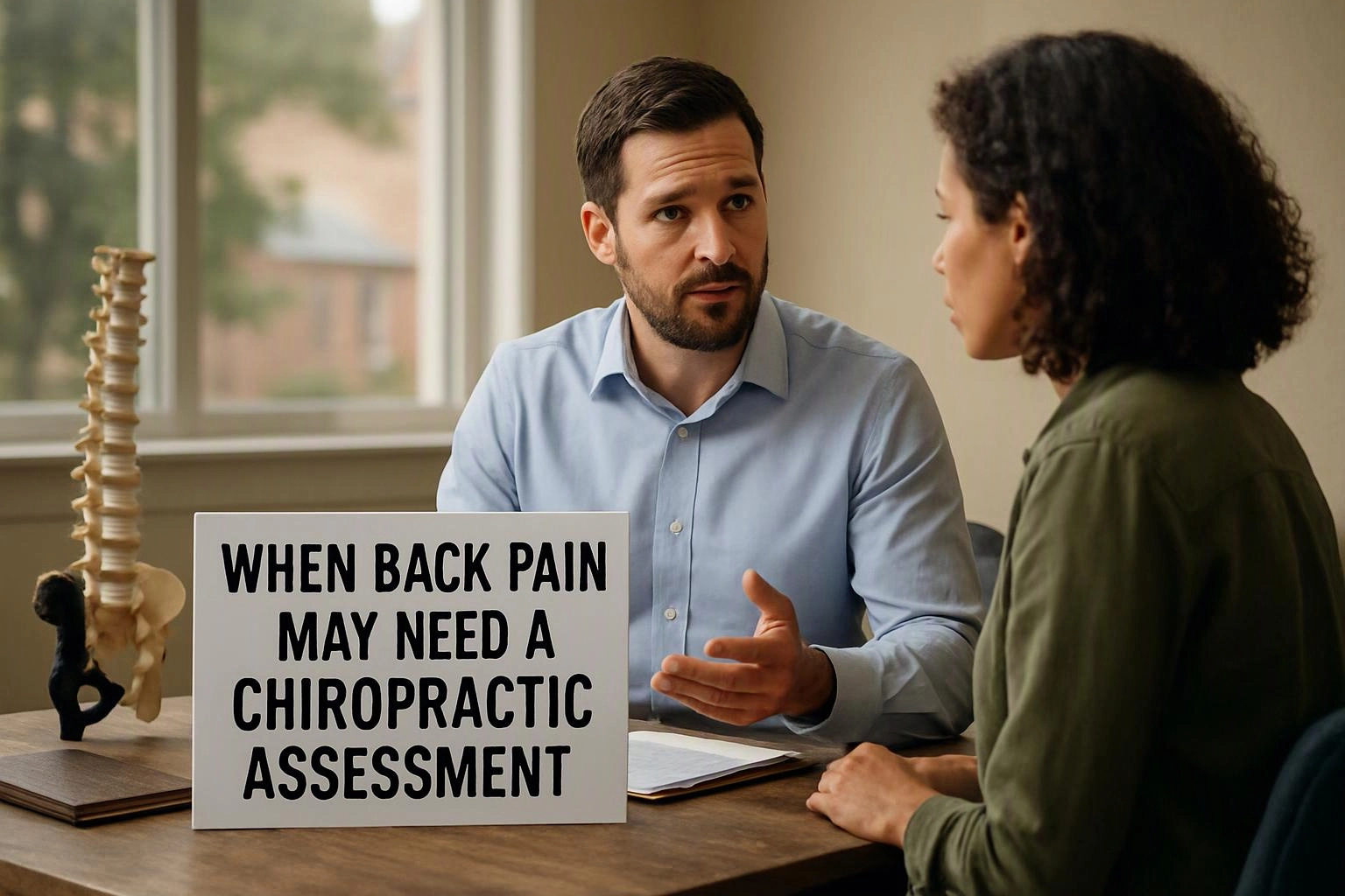Advertising-grade tabletop still life photograph of wide establishing view of a setting where "When Back Pain May Need a Chiropractic Assessment" naturally