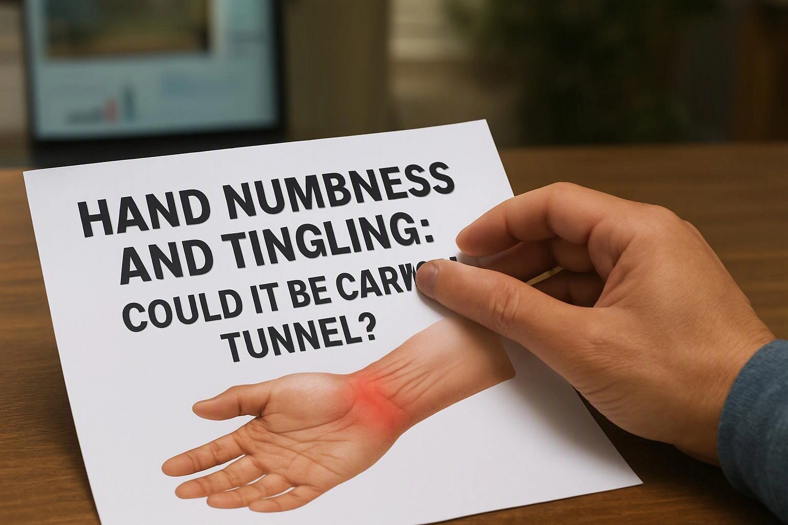A hand holds a flyer reading “HAND NUMBNESS AND TINGLING,” with a wrist pain illustration on a table