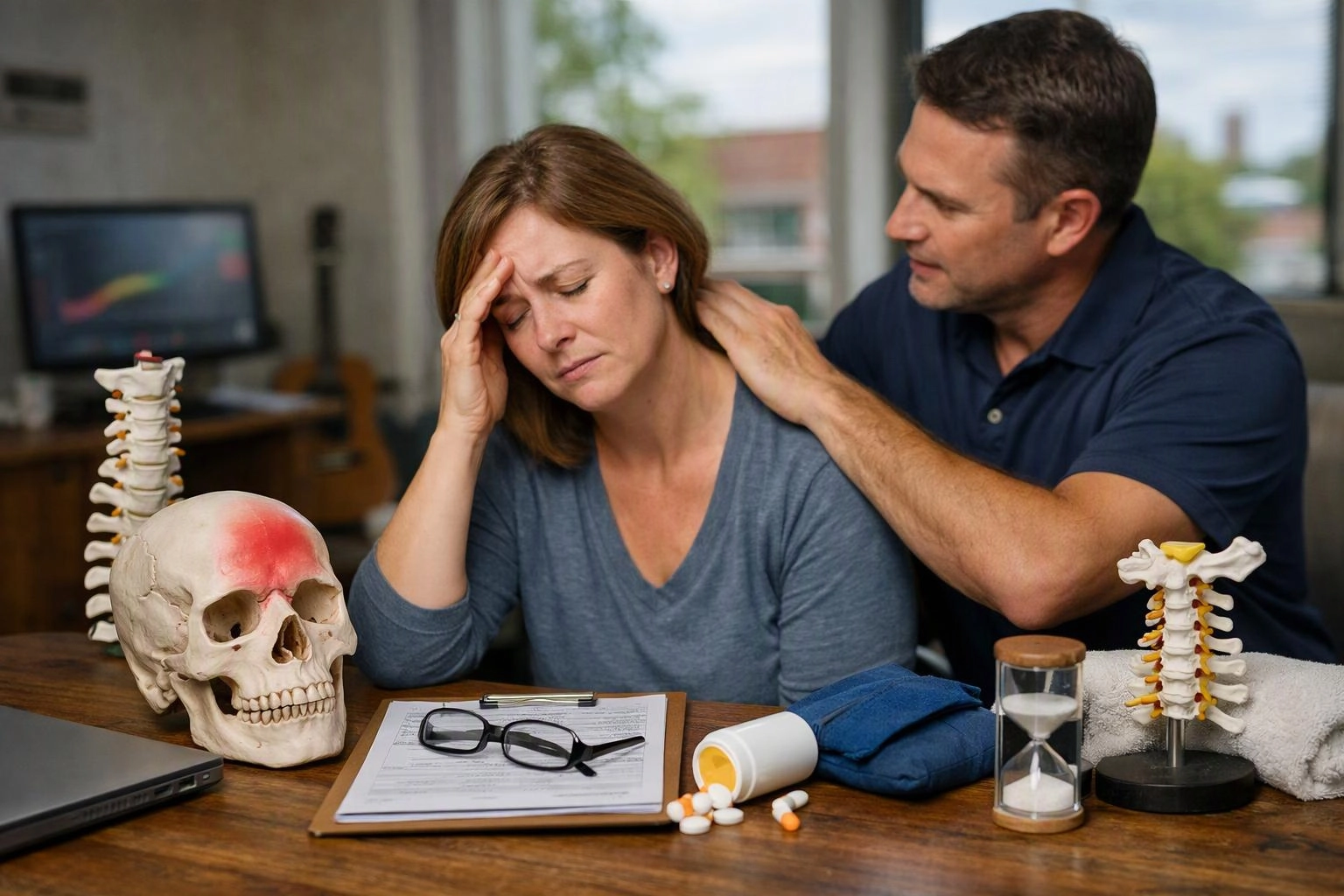 Advertising-grade tabletop still life photograph of wide establishing view of a setting where "Recurring Headaches and Neck-Related Symptoms" naturally arises in Chiropractor