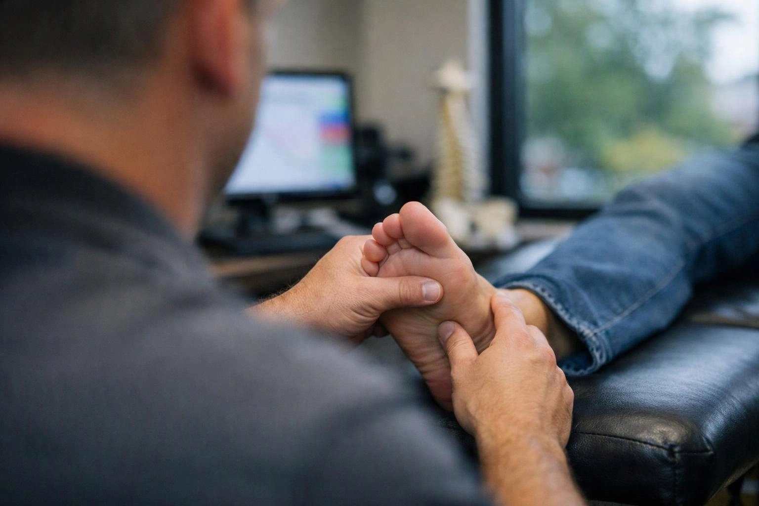 A therapist massages a patient’s foot on a padded table in a clinical room