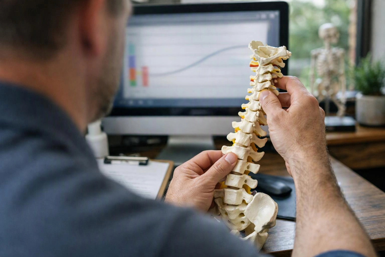 A man studies a spine model at a desk, with a computer chart and skeleton in the background