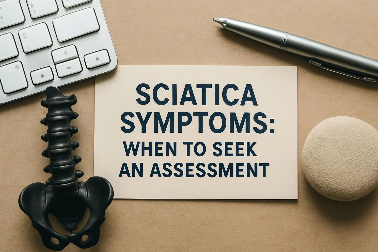 Macro product photograph of overhead flat-lay of items that represent "Sciatica Symptoms
