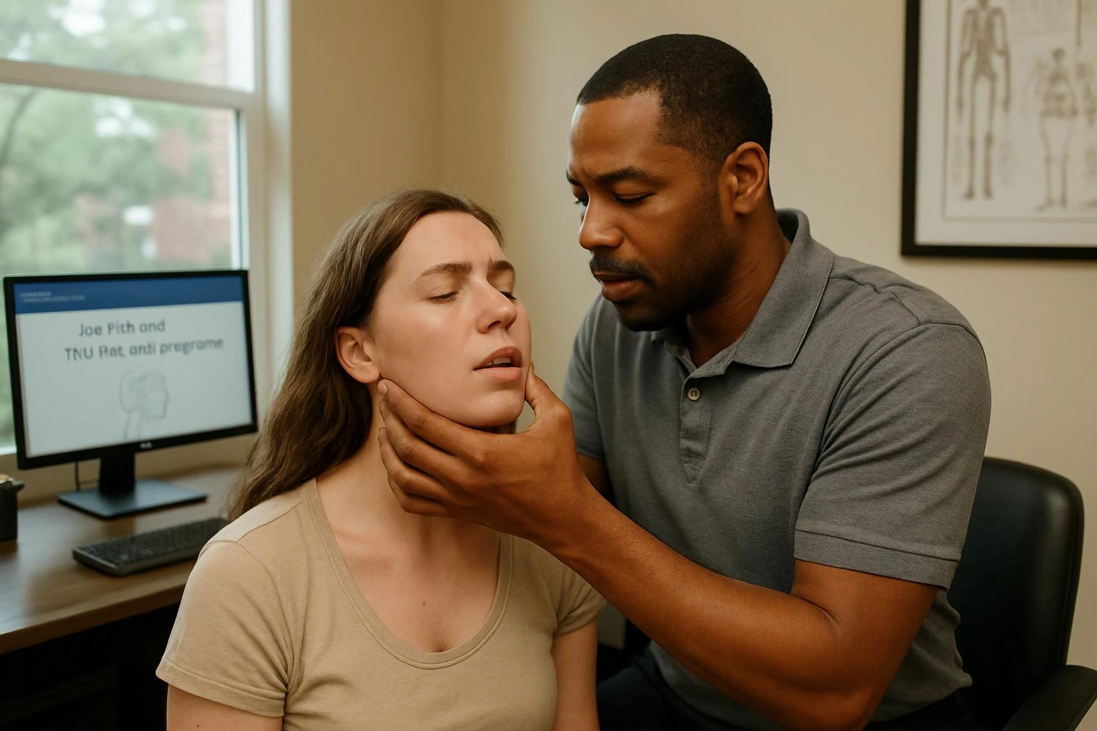 Documentary candid photograph capturing an unposed work-in-progress moment of wide establishing view of a setting where "Jaw Pain and TMJ-Related Symptoms" naturally