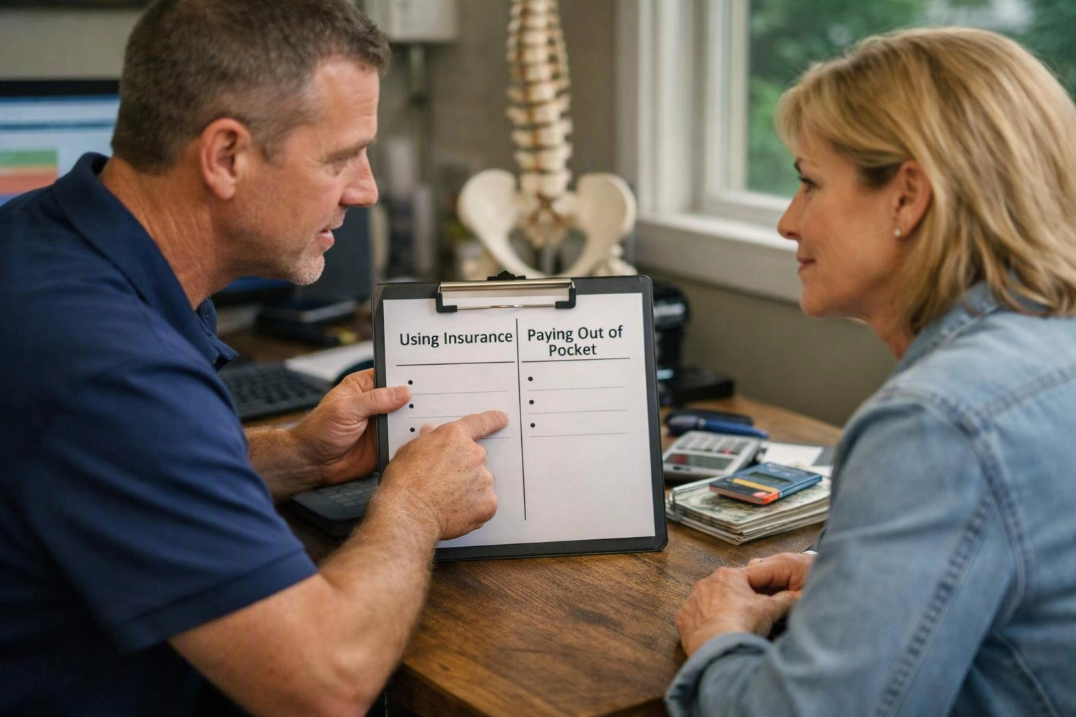A man points at a clipboard comparing “Using Insurance” and “Paying Out of Pocket” while speaking to a woman across a desk