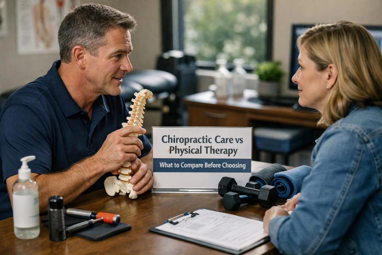 A man shows a spine model across a clinic table while talking to a woman beside workout gear and a sign