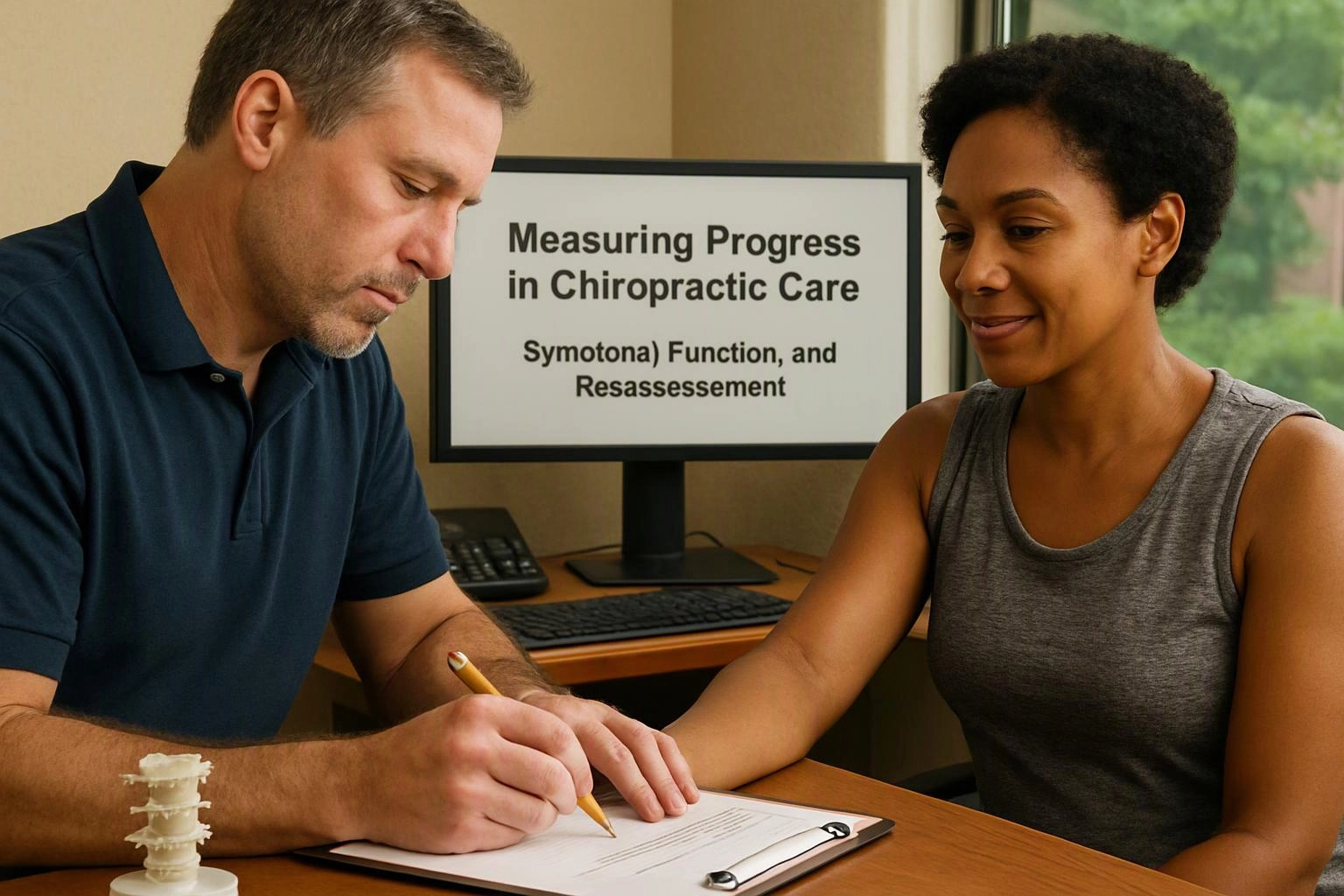 A man writes on a clipboard while a woman watches beside a screen showing chiropractic progress text