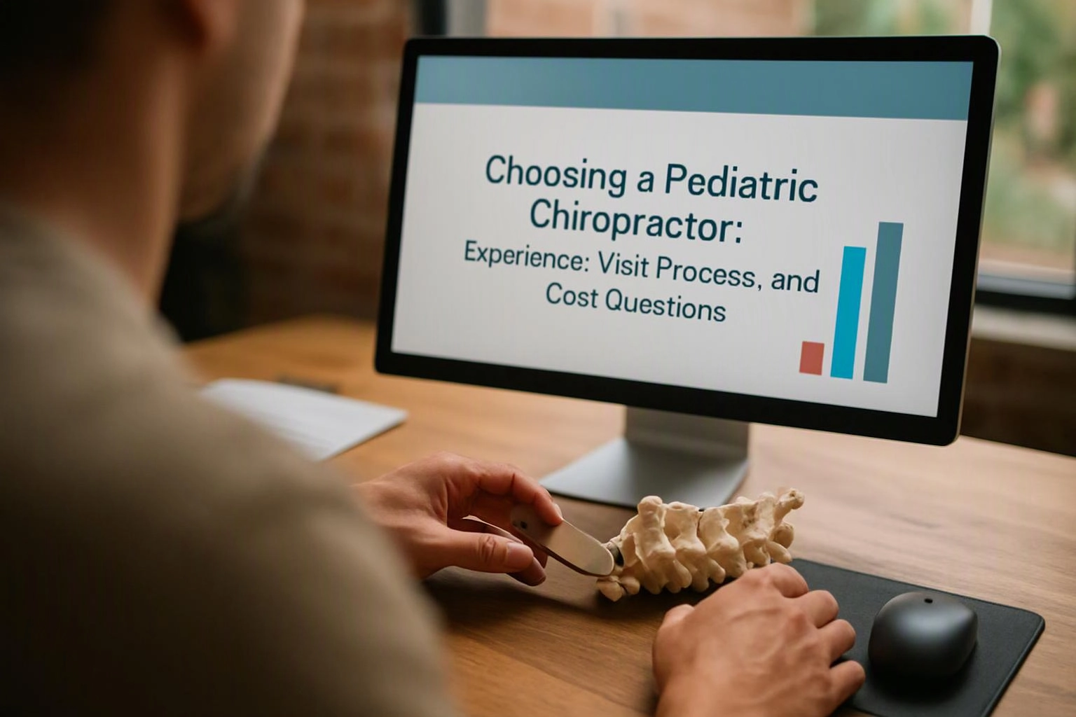 A person sits at a desk, holding a spine model beside a monitor showing a pediatric chiropractor presentation