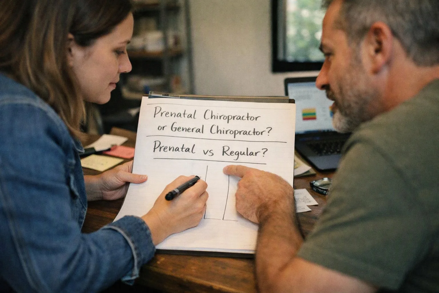 Two people study a handwritten chart at a desk, with a laptop and notes in the background