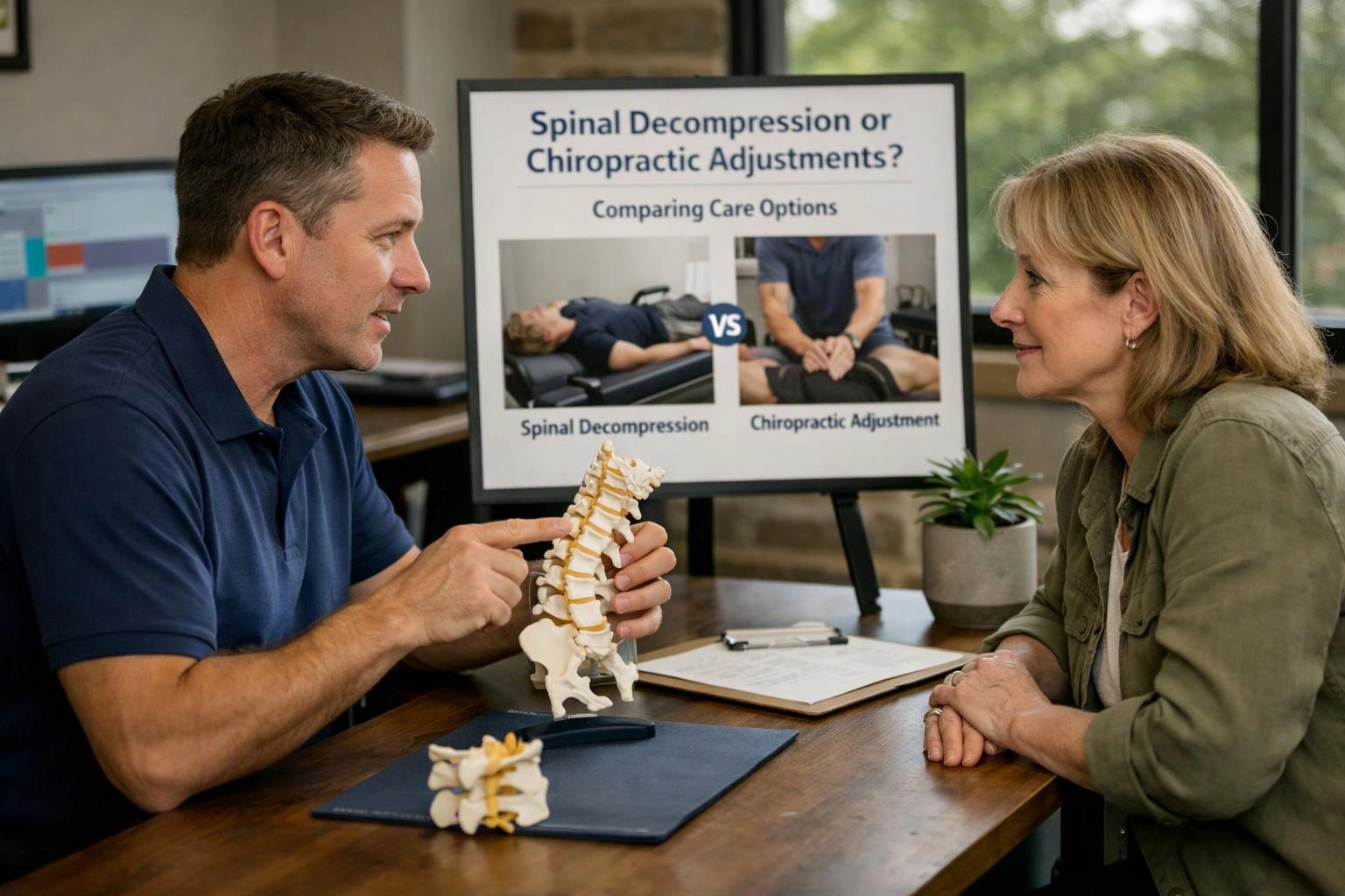 Two-person consultation photograph showing environmental still life in a real workspace where "Spinal Decompression or Chiropractic Adjustments