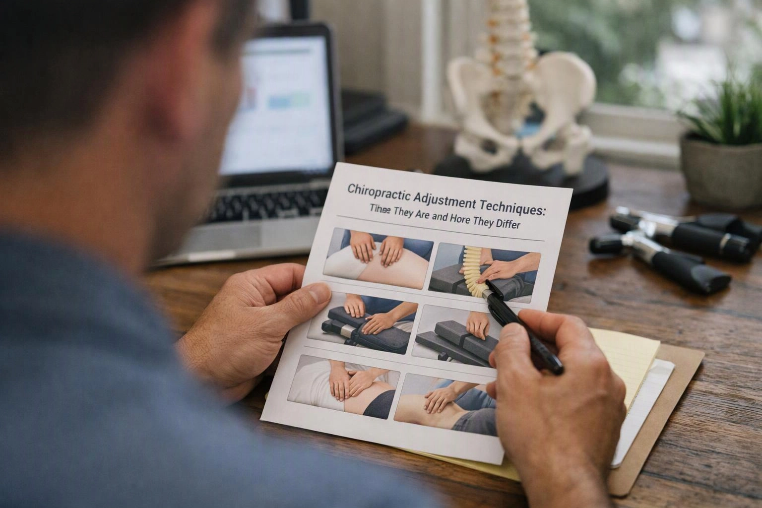A person studies a chiropractic handout and points at treatment photos on a desk with a laptop and spine model