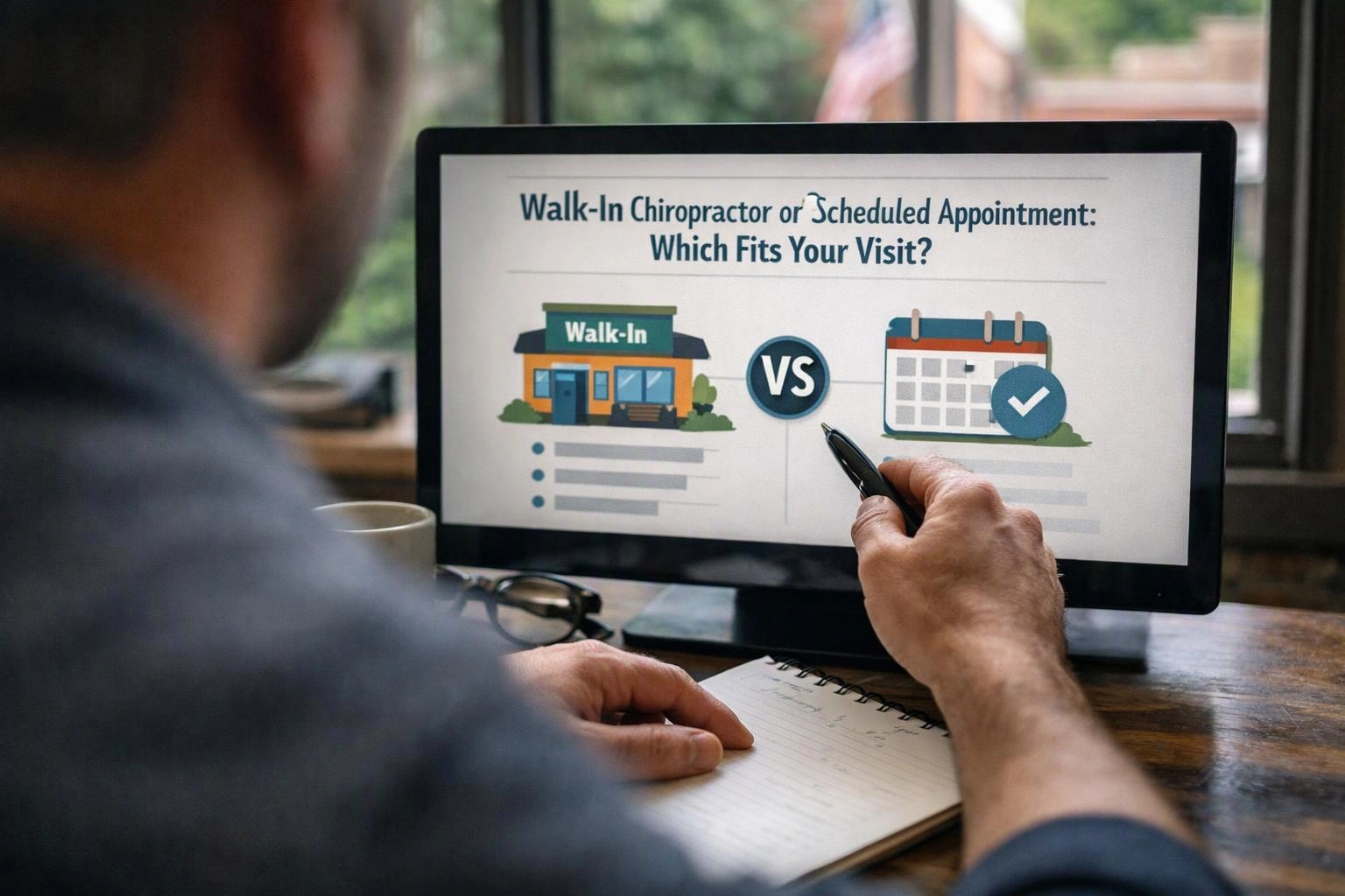 A person points at a monitor showing a walk-in versus scheduled appointment graphic at a desk