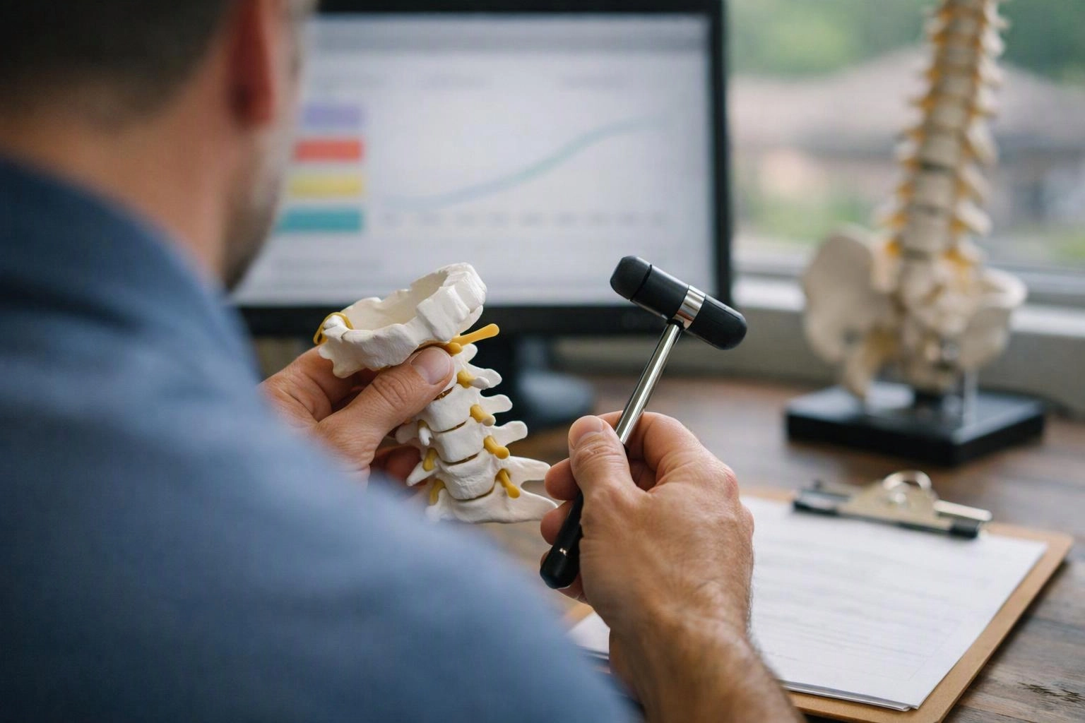 A person examines a spine model with a reflex hammer at a desk with a monitor and clipboard