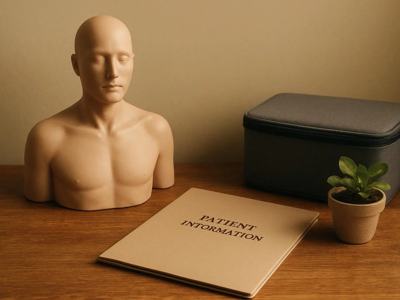 A bald bust sits on a wooden table beside a patient information folder, black case, and small potted plant