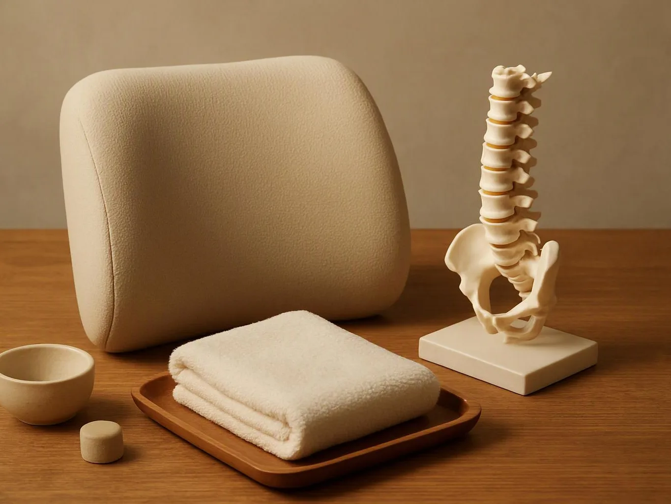 A beige cushion, folded towel, small bowl, and spine model sit on a wooden table