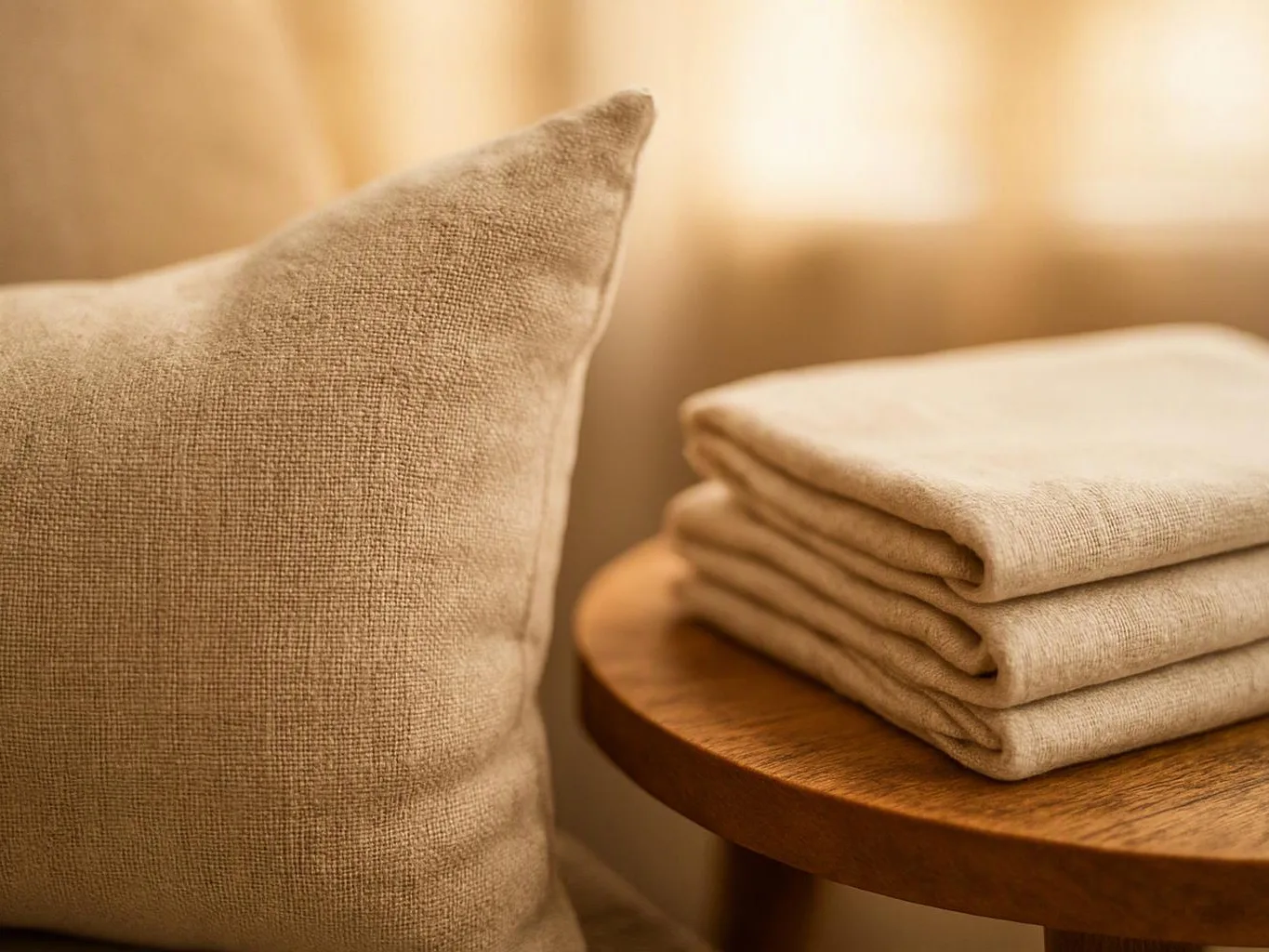 A beige cushion sits beside a folded beige blanket on a round wooden table in warm light