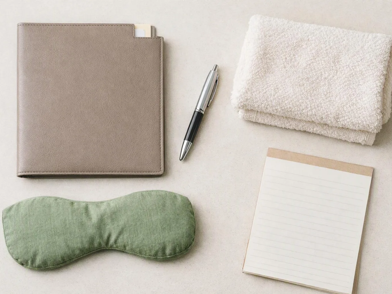 A beige notebook, pen, white towel, green sleep mask, and lined notepad lie on a light surface
