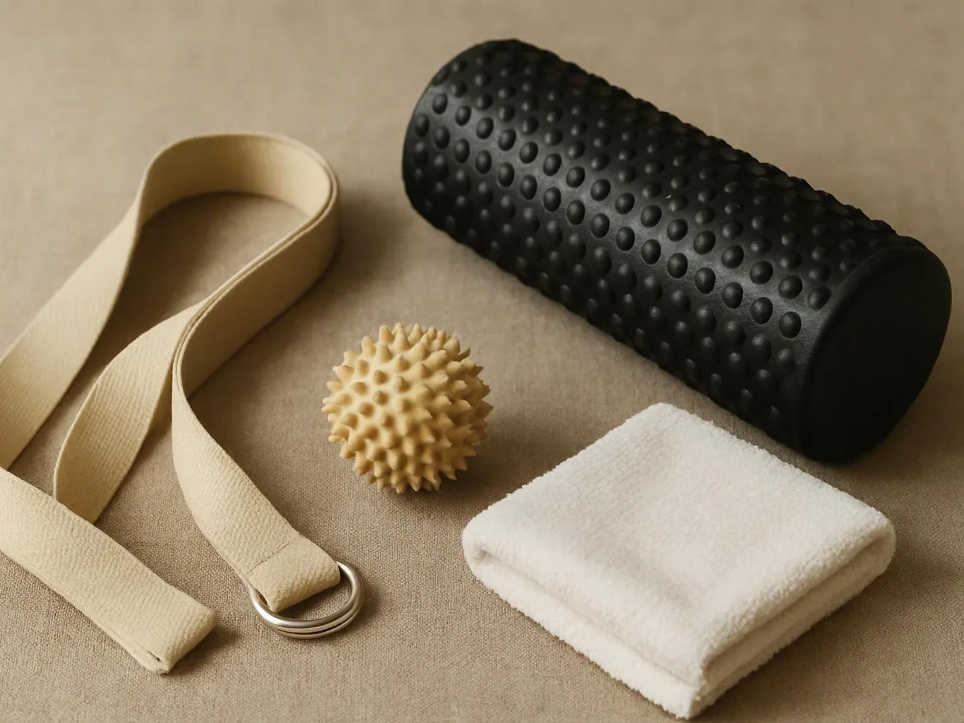 A beige strap, spiky massage ball, black foam roller, and folded white towel rest on a tan surface