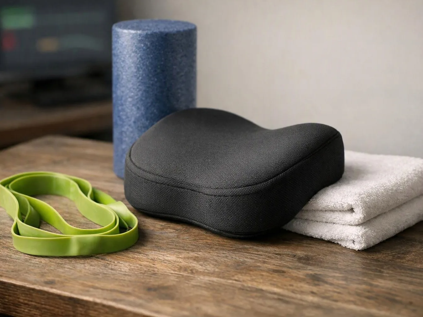 A black cushioned pad, green resistance band, blue foam roller, and folded white towels sit on a wooden table