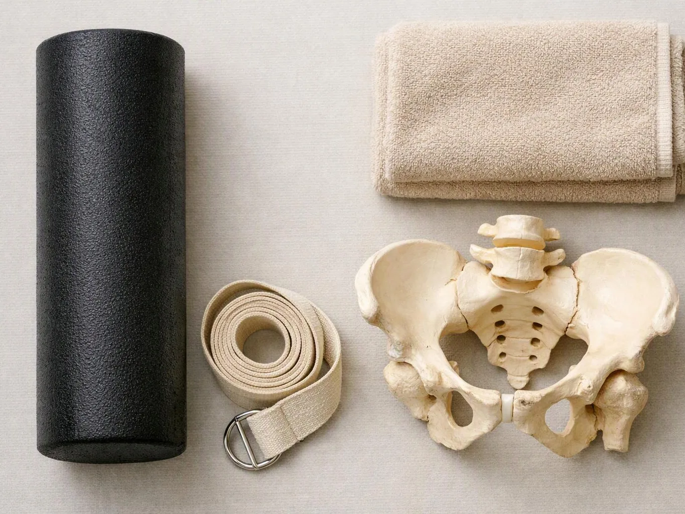 A black foam roller, rolled beige strap, folded towel, and pelvic bone model rest on a light surface
