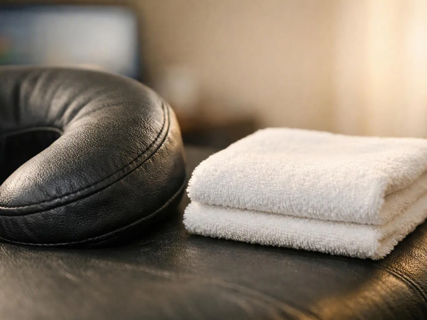 A black leather massage cushion sits beside two folded white towels on a dark surface