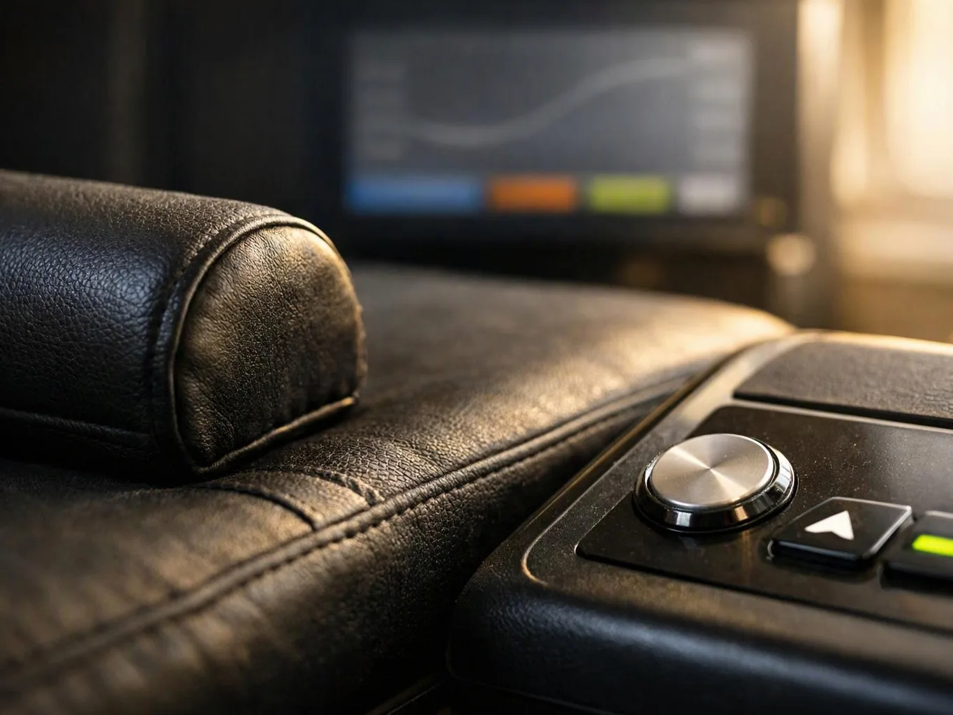 A black leather seat and nearby control panel with a round knob sit in warm indoor light