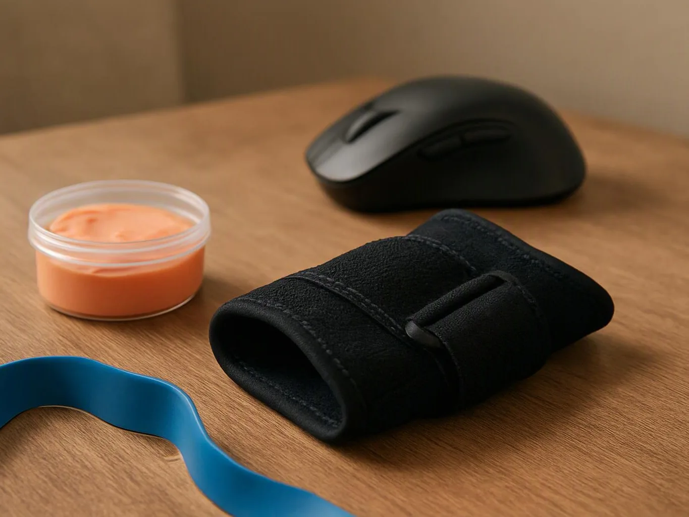 A black mouse, orange cream in a small jar, and a folded wrist brace rest on a wooden table