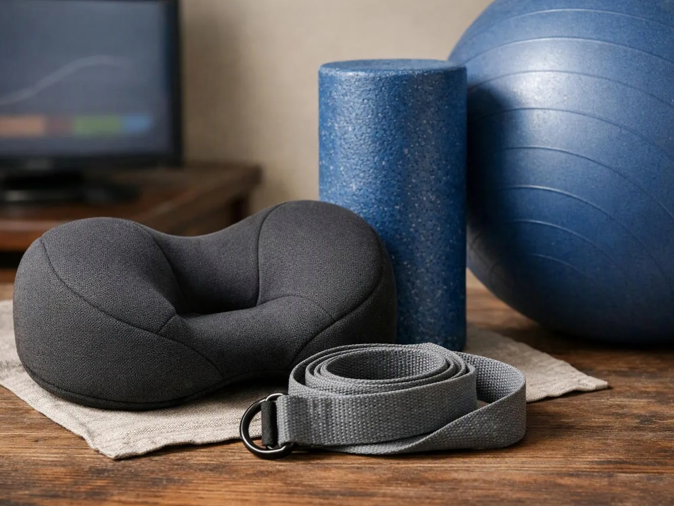 A black neck pillow, blue foam rollers, a blue exercise ball, and a rolled gray strap sit on a wooden table