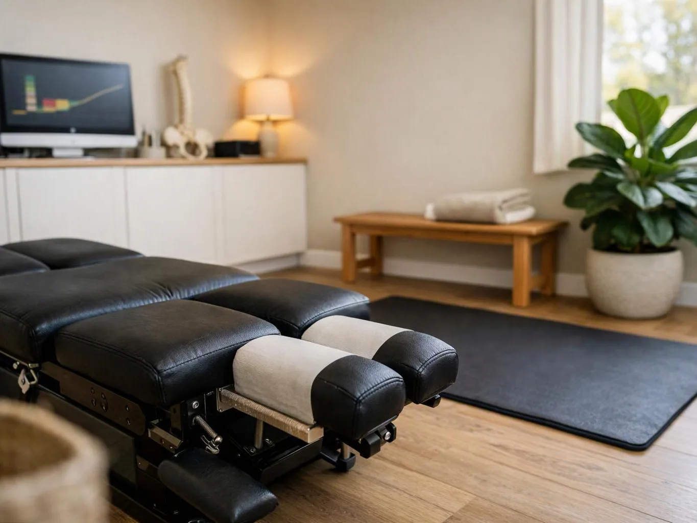 A black padded treatment table sits in a bright room with a cabinet, lamp, bench, plant, and exercise mat