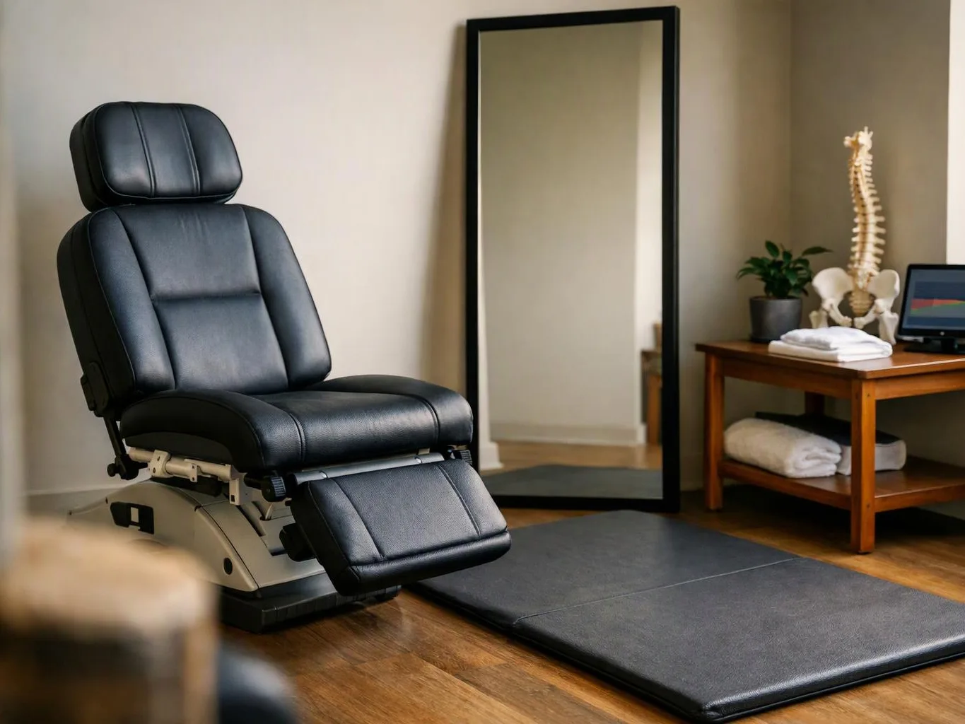 A black reclining treatment chair sits beside a mirror and a wooden table with towels and a spine model