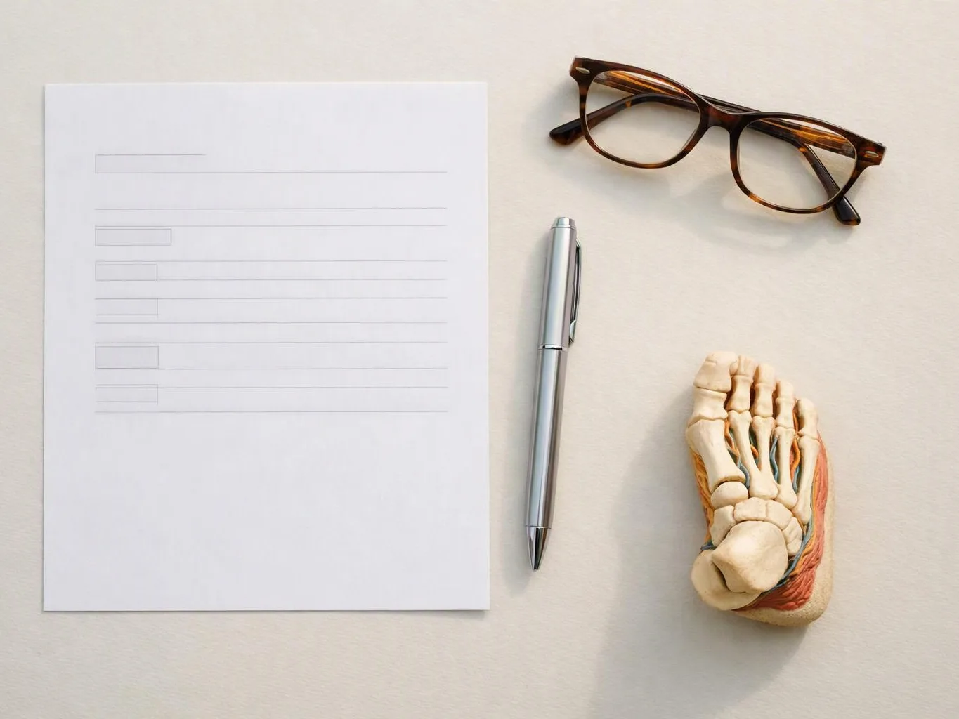 A blank form paper, eyeglasses, pen, and foot bone model sit on a light tabletop