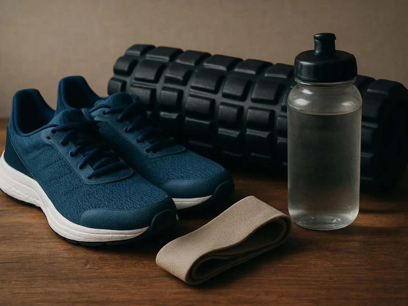 Blue athletic shoes, a foam roller, a water bottle, and a folded resistance band sit on a wooden surface
