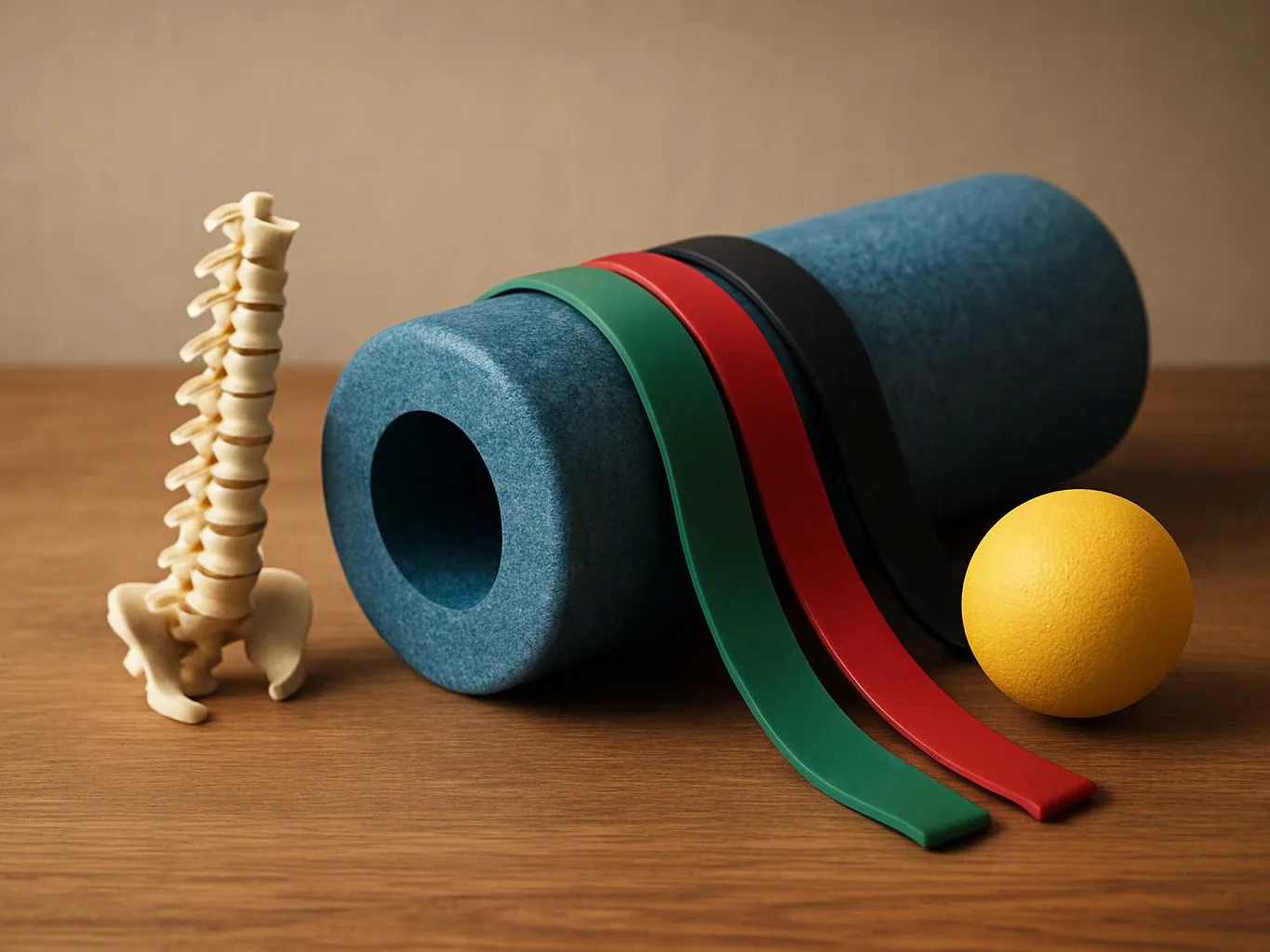 A blue foam roller, spine model, resistance bands, and yellow exercise ball sit on a wooden floor