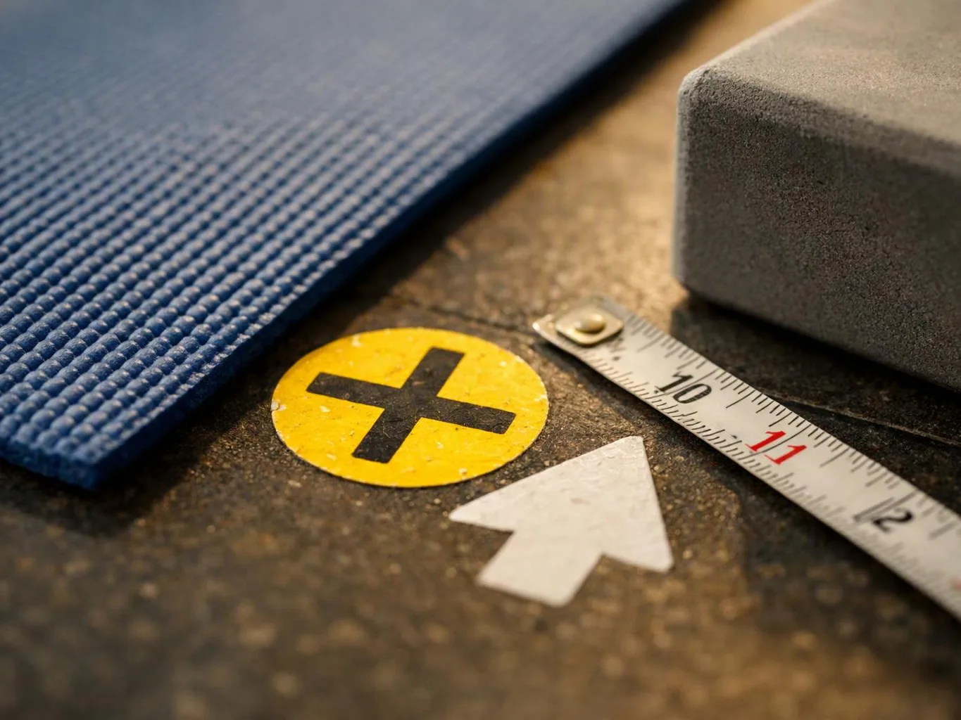 A blue mat, a measuring tape, a foam block, and marked floor symbols sit on a dark surface