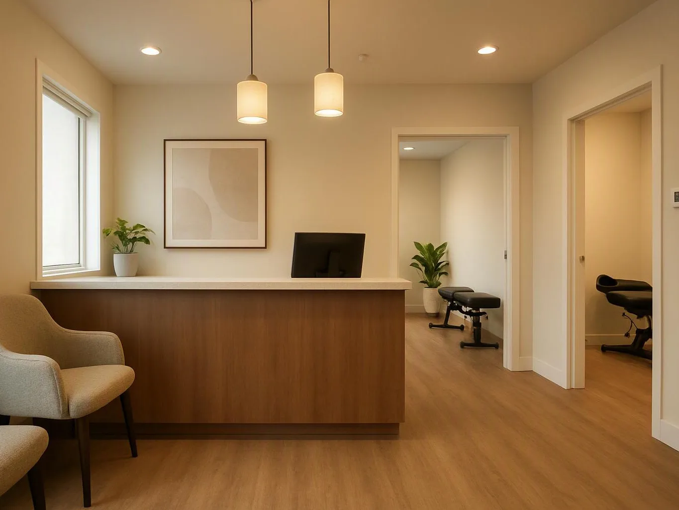 A bright clinic reception area with a wooden desk, two chairs, pendant lights, and exam rooms beyond