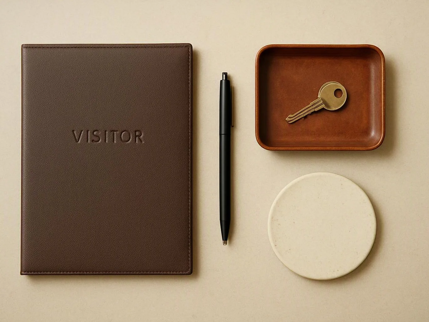 A brown visitor book, black pen, key in a tray, and round coaster sit neatly on a beige surface
