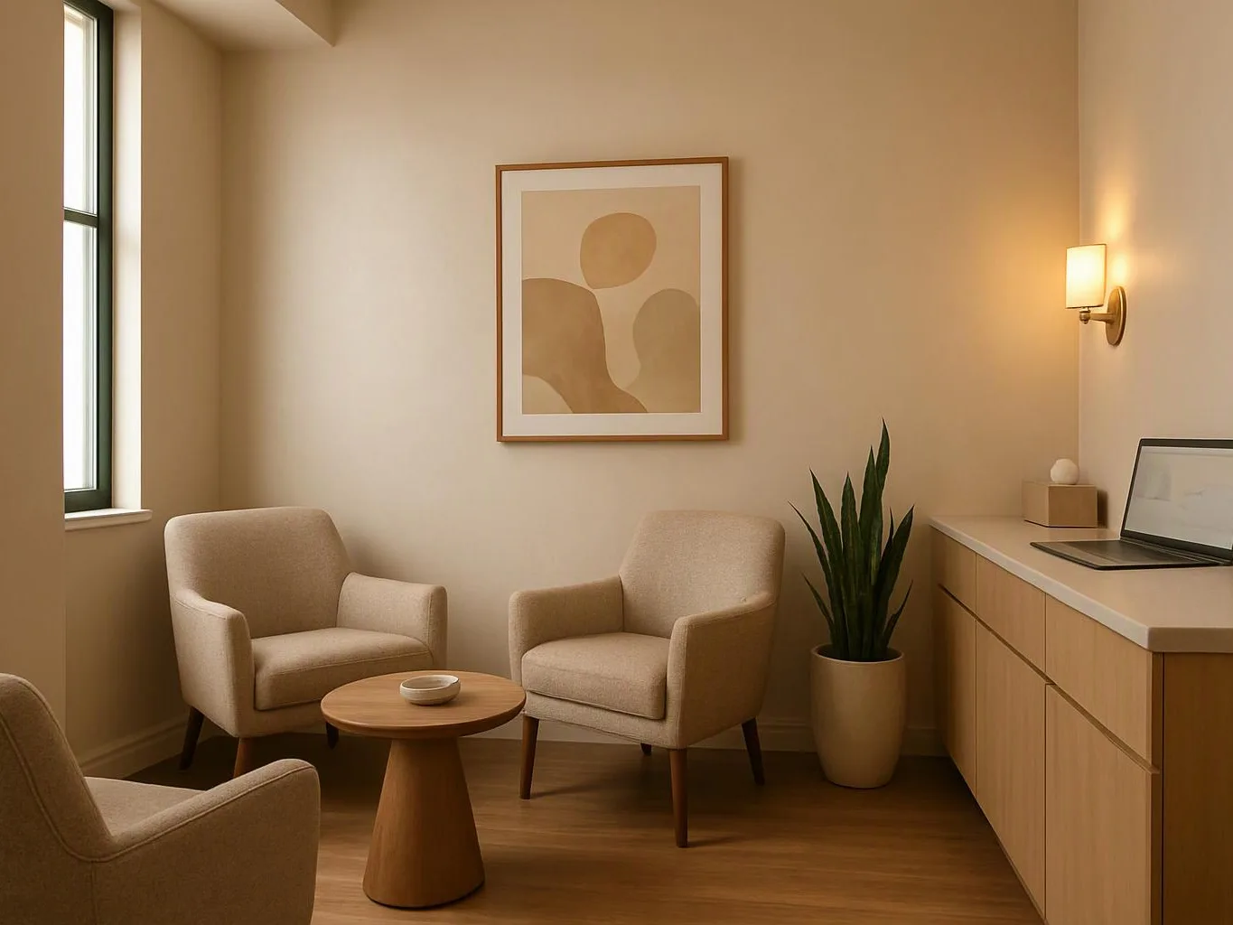 A calm beige waiting room has two armchairs, a small table, wall art, a plant, and a laptop on a cabinet