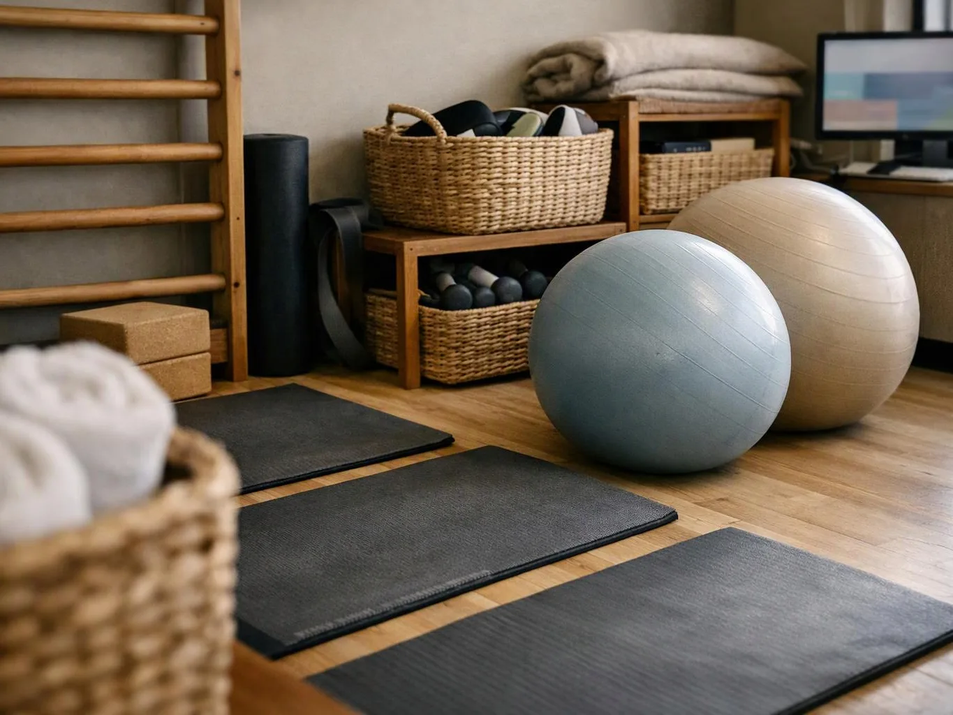 A calm exercise room has yoga mats, wicker baskets, wooden shelves, and two large stability balls