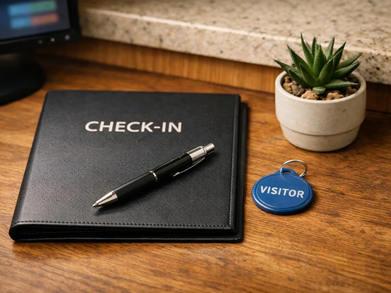 A check-in folder, pen, visitor tag, and small potted plant sit on a wooden desk