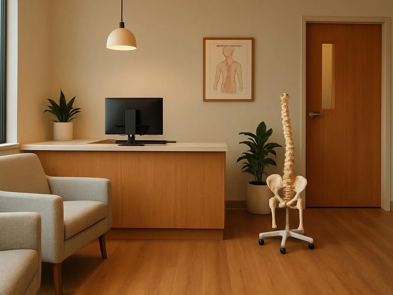 A clinic waiting room shows a desk, computer, chairs, plants, and a spine model on a wheeled stand