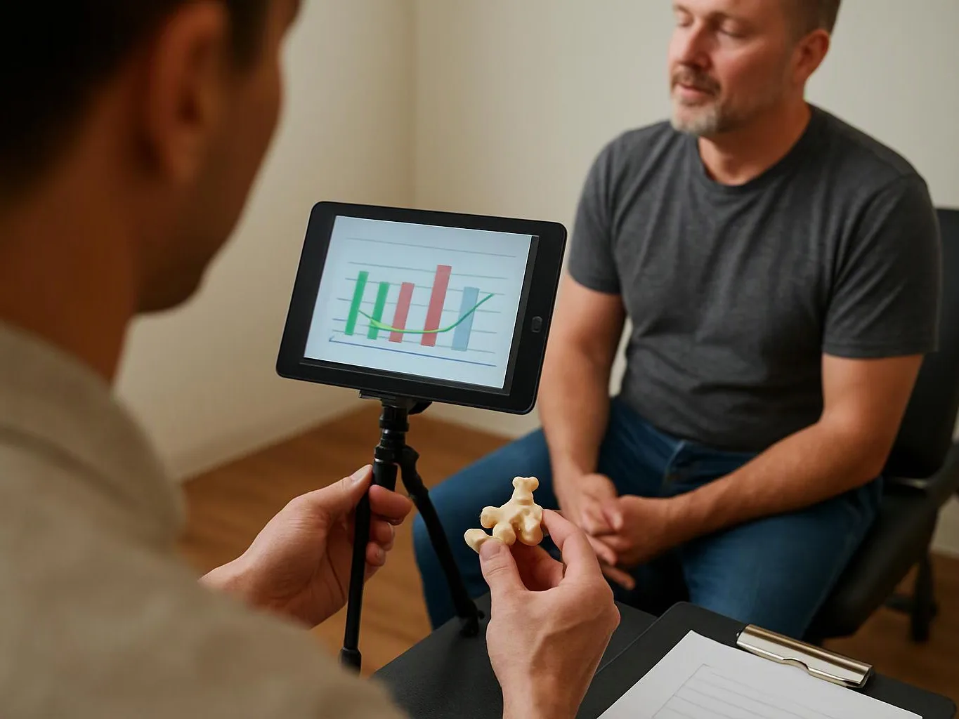 A clinician holds a small bone model beside a tablet showing a chart during a seated consultation