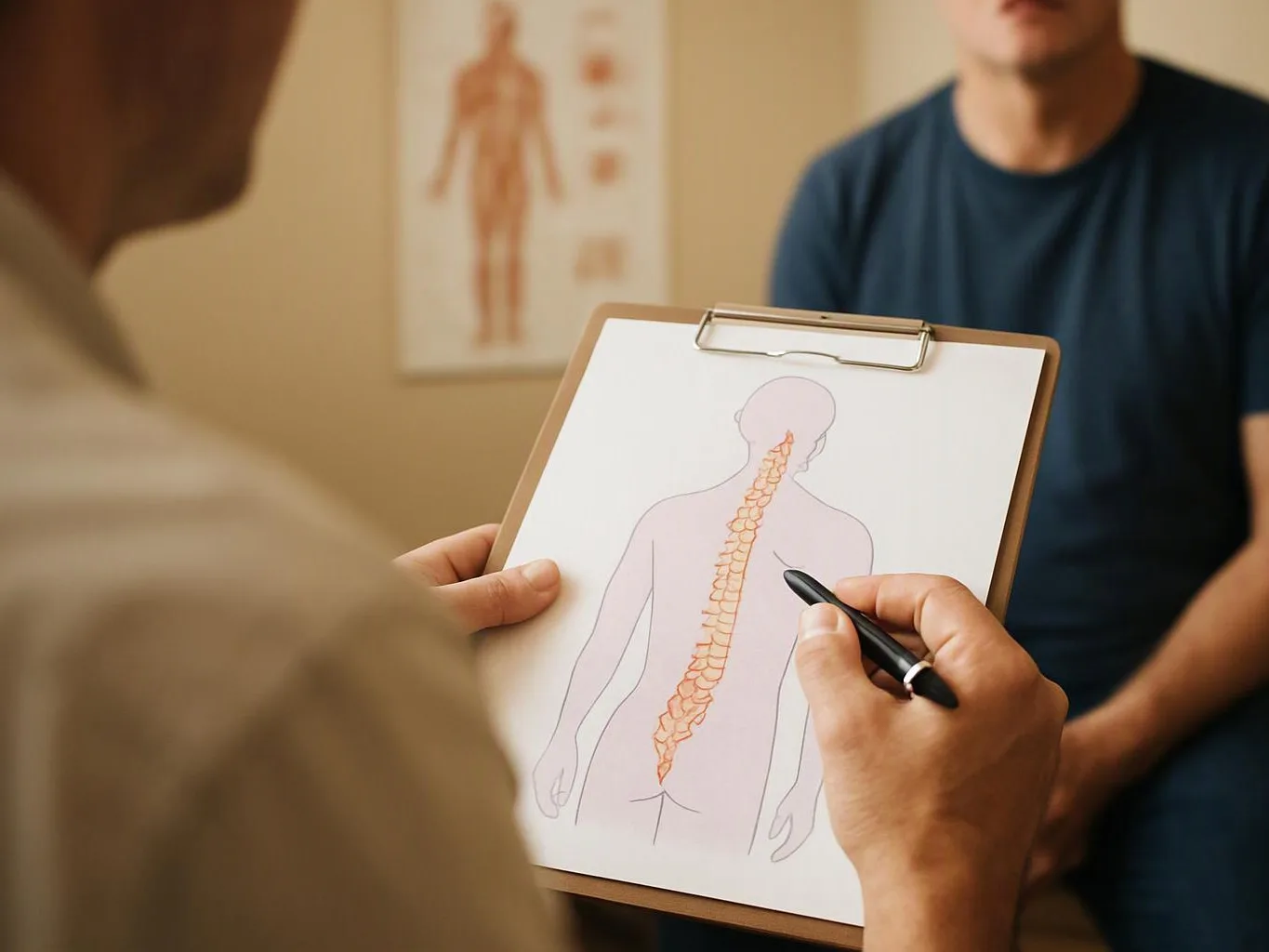 A clinician points to a spine diagram on a clipboard while speaking with a seated man in a clinic room