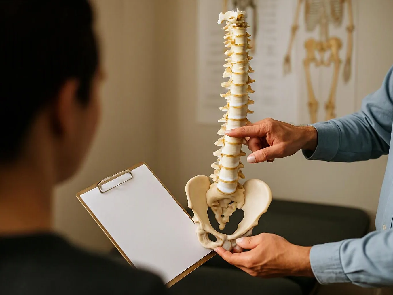 A clinician points to a spine model while holding it above a clipboard in a medical office