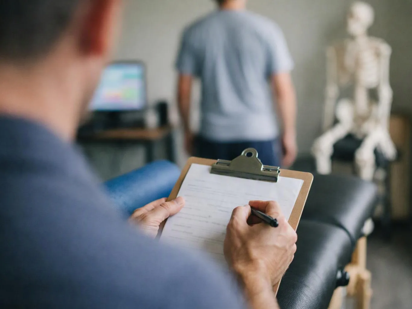 A clinician writes on a clipboard while a patient stands near a skeleton model in a therapy room